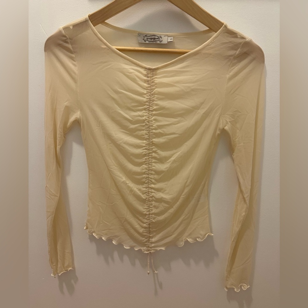 BNWOT- Plenty Propaganda Ina Sheer Mesh Longsleeve Cream Scallop Hem Fairy Pixie